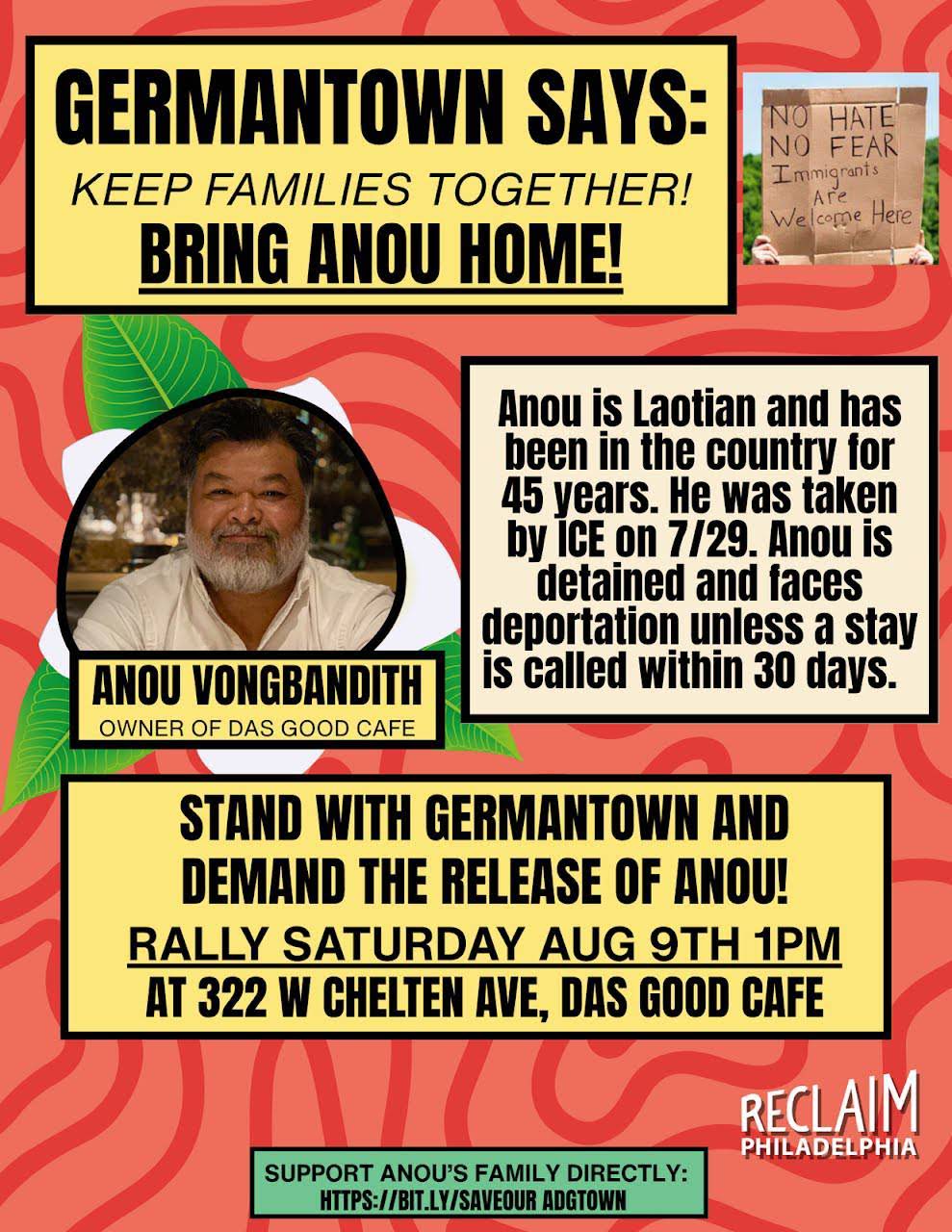 Flyer for August 9, 2025 rally in Germantown to stop Anou Vongbandith's deportation